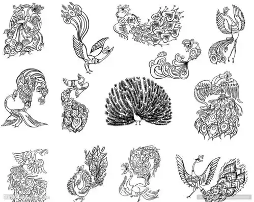 手绘凤凰孔雀素材设计图