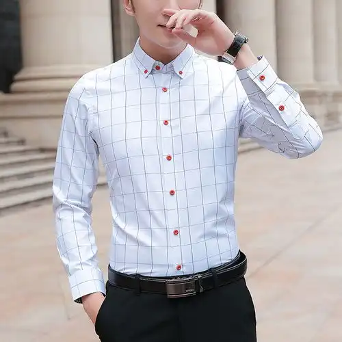 传奇保罗男士长袖衬衫新款潮流休闲港风格子衬衣韩版修身时尚上衣