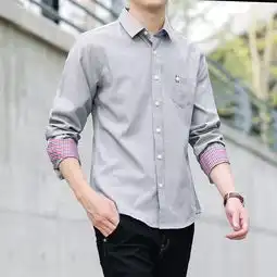 汤河之家春秋季男式衬衫潮流休闲寸衫纯色长袖白衬衣港仔男装b