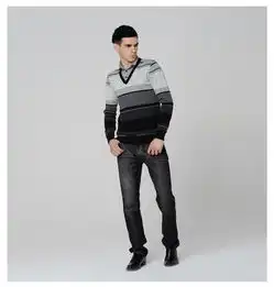 积普jipu男装秋冬时尚新款假两件黑白条纹纯棉针织衫9113040708