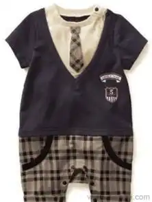 批发夏季新款短袖哈衣男宝宝西装假2件格子领带连体衣爬服纯棉价格厂家图片