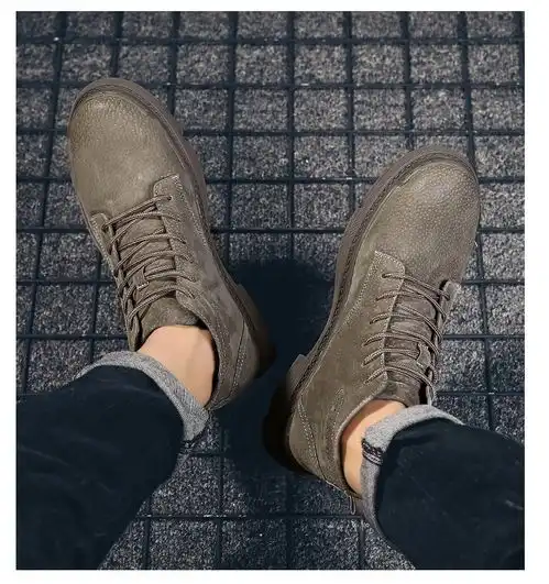 冬季加绒马丁靴男潮流复古百搭中帮工装靴真皮英伦风韩版高帮男靴