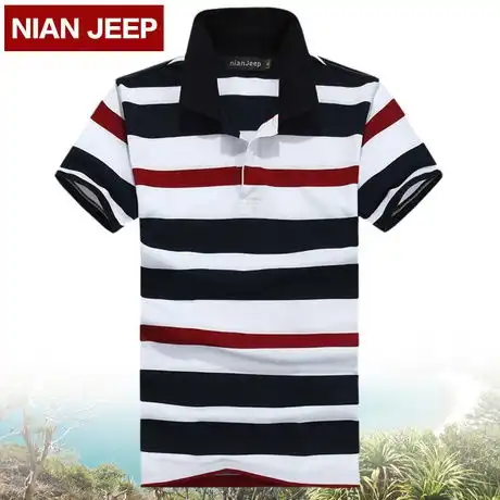nianjeep吉普盾男士条纹短袖t恤翻领半袖...