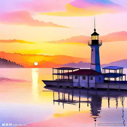 海边日出水彩风景画设计图自然风光