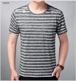 瀚瑞hanris新款圆领简约蓝白条纹衫男装款真口袋短袖t恤日常休闲ww18011906