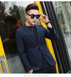汤河之家2019春季新款单西服男士休闲西装外套韩版条纹两粒扣西服