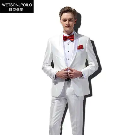汤河之家2019秋季新款男白西服套装男宴会酒会礼服帅气修身型西装伴郎新郎结婚c