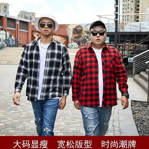 格子衬衫男长袖宽松港风潮流胖子大码加肥加大肥佬工装外套短袖