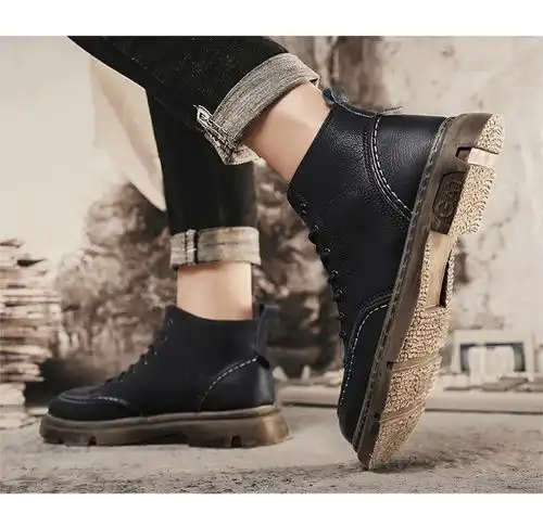 2021英伦风复古时尚加绒男鞋机车男皮革保暖工装鞋男士休闲皮靴男鞋子