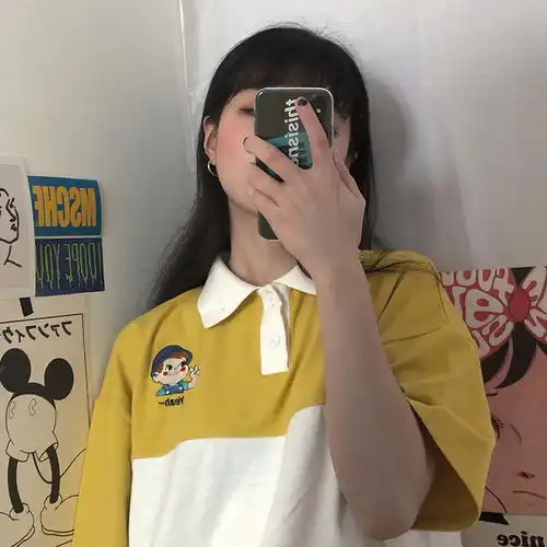 港风日系卡通翻领短袖潮流学生t恤韩版宽松ins原宿bf情侣polo衫男