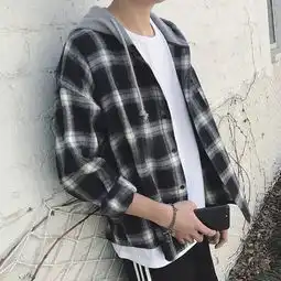 秋季原宿风长袖男女学生bf宽松新款大格子休闲情侣装学院日系连帽衬衫