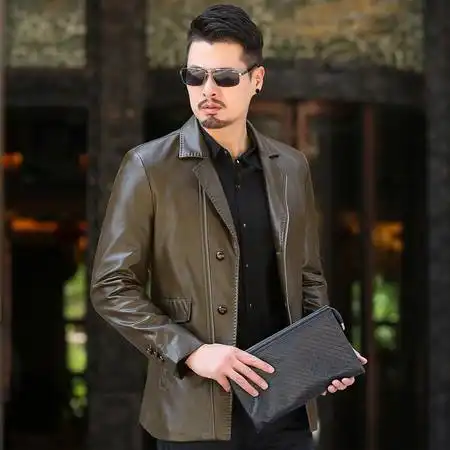 汤河之家新品男式皮衣纯色西装领皮衣男中年男式商务皮衣西服