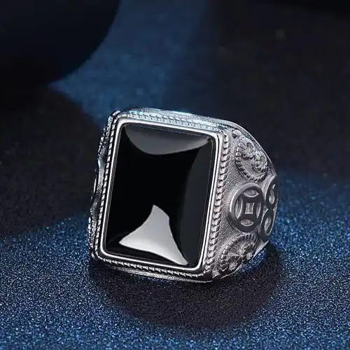 黑玛瑙男士霸气戒指男镀白金社会人招财转运戒子开口可调节送礼物