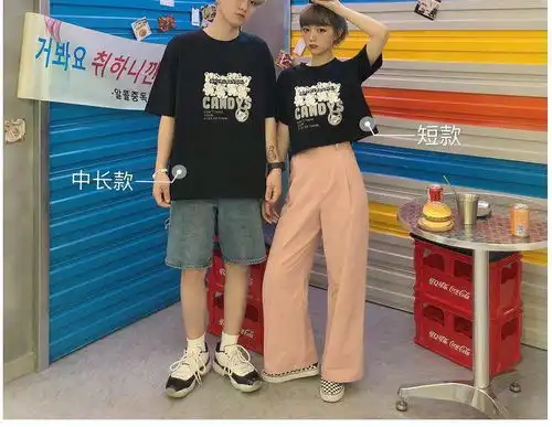 卓纪情侣装小众短款短袖t恤女ins潮宽松韩版高腰露脐上衣设计感春夏装